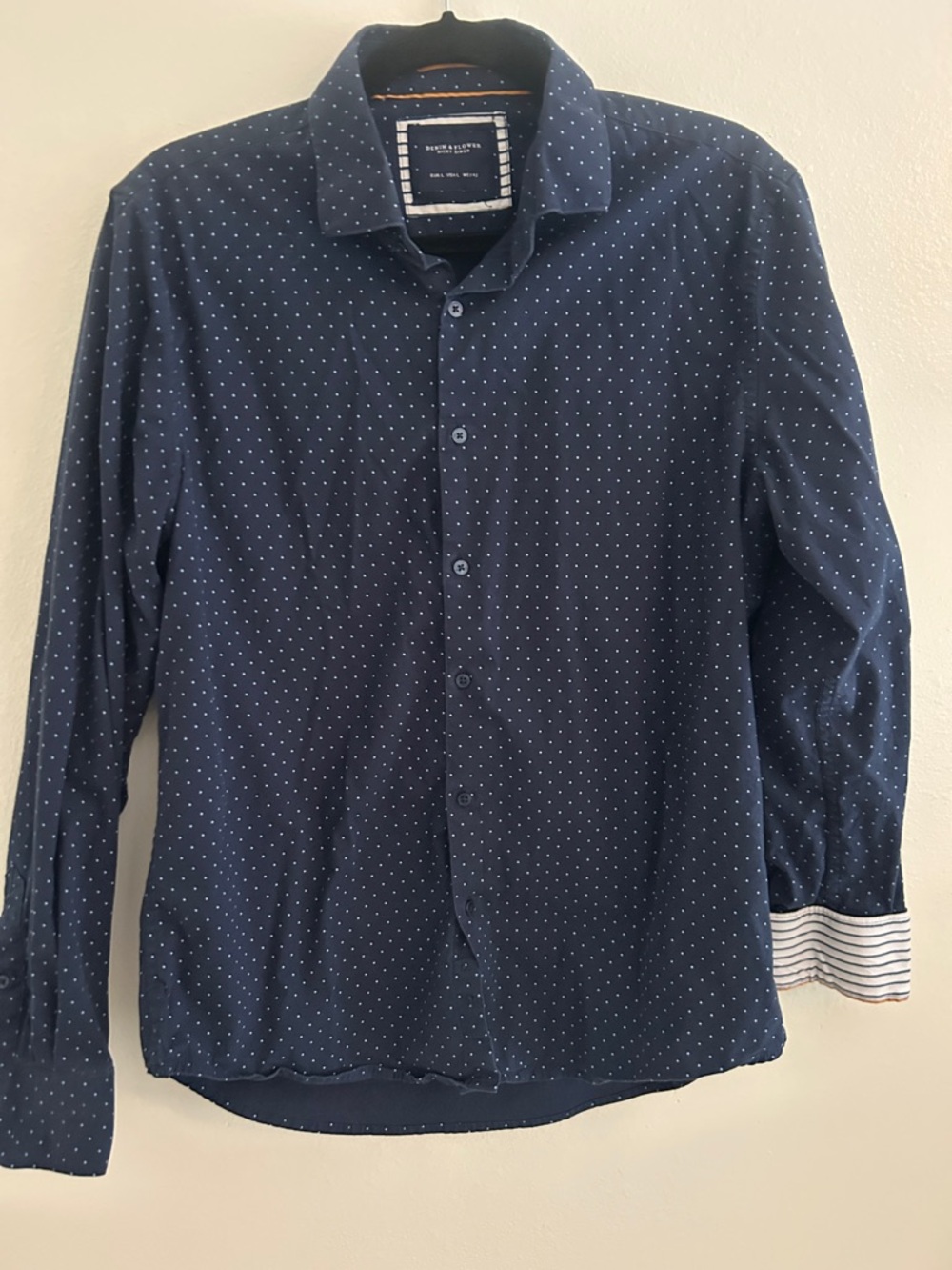 Denim & Flower Navy Button-Down Shirt with Light Blue Microdots
